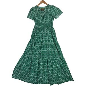 Anthropologie Sommerset Maxi‎ Dress Green/White Medallion AOP Boho Cotton Sz S